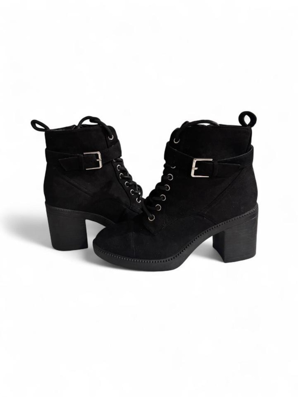 Zigi Soho Black Lace-Up Buckle Block Heel Ankle Boots